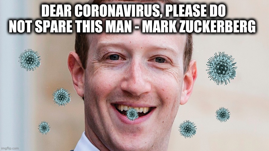Dear Coronavirus | DEAR CORONAVIRUS, PLEASE DO NOT SPARE THIS MAN - MARK ZUCKERBERG | image tagged in coronavirus,corona virus,virus,facebook,mark zuckerberg | made w/ Imgflip meme maker