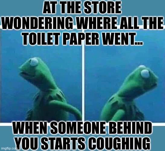 AT THE STORE WONDERING WHERE ALL THE TOILET PAPER WENT... WHEN SOMEONE BEHIND YOU STARTS COUGHING | image tagged in toilet paper,cough,kermit the frog,coronavirus | made w/ Imgflip meme maker