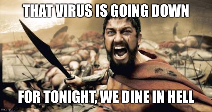 Sparta Leonidas Meme | THAT VIRUS IS GOING DOWN; FOR TONIGHT, WE DINE IN HELL | image tagged in memes,sparta leonidas | made w/ Imgflip meme maker