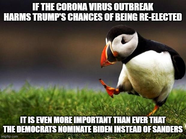 As a centrist, Biden will do less damage than Sanders | IF THE CORONA VIRUS OUTBREAK HARMS TRUMP'S CHANCES OF BEING RE-ELECTED; IT IS EVEN MORE IMPORTANT THAN EVER THAT THE DEMOCRATS NOMINATE BIDEN INSTEAD OF SANDERS | image tagged in memes,unpopular opinion puffin,election 2020,trump,biden,sanders | made w/ Imgflip meme maker