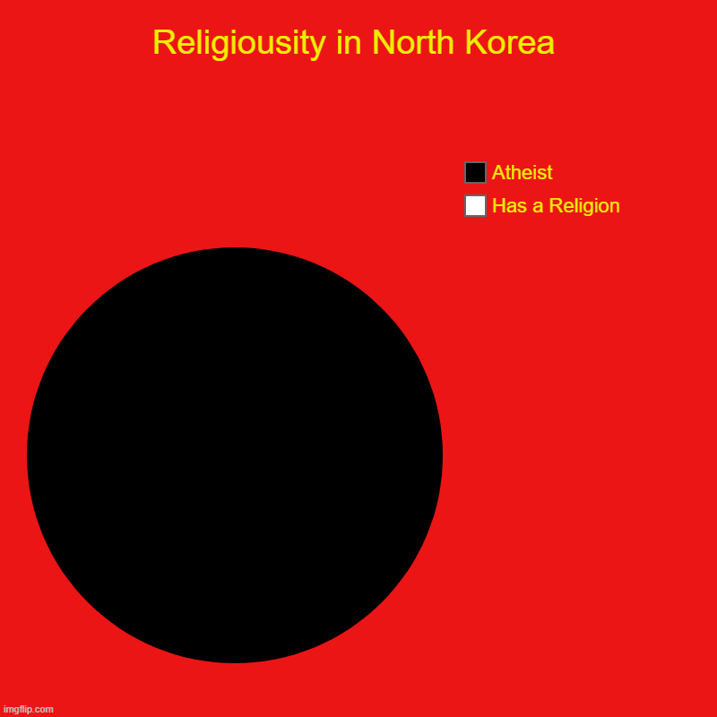You won't see the white portion in this chart because communism banned all religion in North Korea | Religiousity in North Korea | Has a Religion, Atheist | image tagged in charts,pie charts,north korea,politics | made w/ Imgflip chart maker