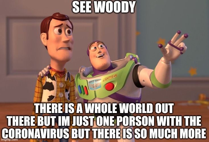 X, X Everywhere Meme | SEE WOODY; THERE IS A WHOLE WORLD OUT THERE BUT IM JUST ONE PORSON WITH THE CORONAVIRUS BUT THERE IS SO MUCH MORE | image tagged in memes,x x everywhere | made w/ Imgflip meme maker