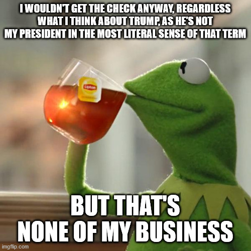 But That's None Of My Business Meme | I WOULDN'T GET THE CHECK ANYWAY, REGARDLESS WHAT I THINK ABOUT TRUMP, AS HE'S NOT MY PRESIDENT IN THE MOST LITERAL SENSE OF THAT TERM BUT TH | image tagged in memes,but thats none of my business,kermit the frog | made w/ Imgflip meme maker