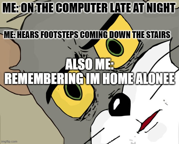 Unsettled Tom Meme | ME: ON THE COMPUTER LATE AT NIGHT; ME: HEARS FOOTSTEPS COMING DOWN THE STAIRS; ALSO ME: REMEMBERING IM HOME ALONEE | image tagged in memes,unsettled tom | made w/ Imgflip meme maker