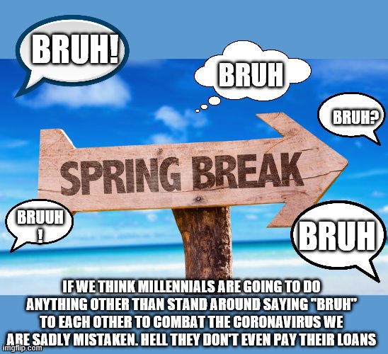 yep | BRUH! BRUH; BRUH? BRUH; BRUUH ! IF WE THINK MILLENNIALS ARE GOING TO DO ANYTHING OTHER THAN STAND AROUND SAYING "BRUH" TO EACH OTHER TO COMBAT THE CORONAVIRUS WE ARE SADLY MISTAKEN. HELL THEY DON'T EVEN PAY THEIR LOANS | image tagged in millennials,coronavirus | made w/ Imgflip meme maker