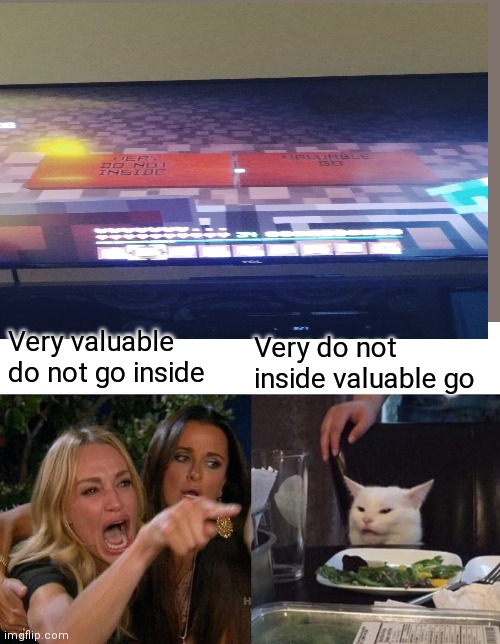 Very valuable do not go inside; Very do not inside valuable go | image tagged in memes,woman yelling at cat | made w/ Imgflip meme maker