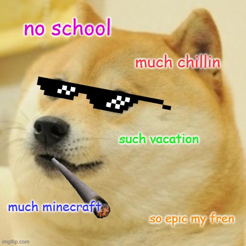 Doge | no school; much chillin; such vacation; much minecraft; so epic my fren | image tagged in memes,doge | made w/ Imgflip meme maker