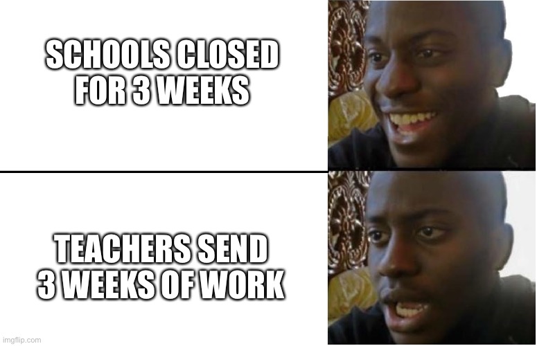 Disappointed Black Guy | SCHOOLS CLOSED FOR 3 WEEKS TEACHERS SEND 3 WEEKS OF WORK | image tagged in disappointed black guy | made w/ Imgflip meme maker