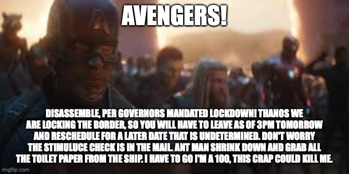 Avengers lockdown | AVENGERS! DISASSEMBLE, PER GOVERNORS MANDATED LOCKDOWN! THANOS WE ARE LOCKING THE BORDER, SO YOU WILL HAVE TO LEAVE AS OF 3PM TOMORROW AND RESCHEDULE FOR A LATER DATE THAT IS UNDETERMINED. DON'T WORRY THE STIMULUCE CHECK IS IN THE MAIL. ANT MAN SHRINK DOWN AND GRAB ALL THE TOILET PAPER FROM THE SHIP. I HAVE TO GO I'M A 100, THIS CRAP COULD KILL ME. | image tagged in avengers,avengers assemble,coronavirus,funny memes | made w/ Imgflip meme maker
