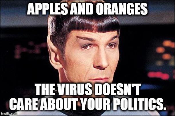 Condescending Spock | APPLES AND ORANGES THE VIRUS DOESN'T CARE ABOUT YOUR POLITICS. | image tagged in condescending spock | made w/ Imgflip meme maker