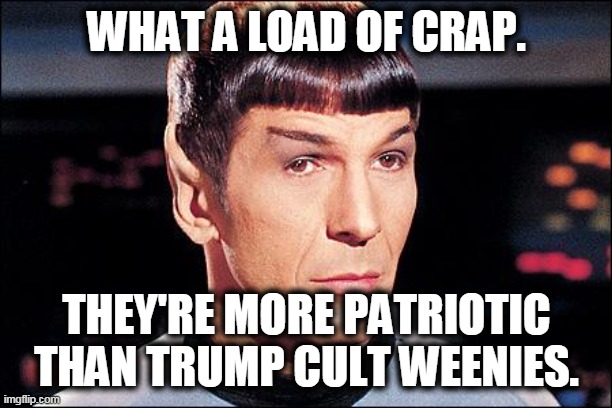 Condescending Spock | WHAT A LOAD OF CRAP. THEY'RE MORE PATRIOTIC THAN TRUMP CULT WEENIES. | image tagged in condescending spock | made w/ Imgflip meme maker