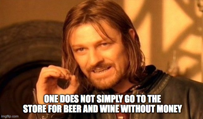 One Does Not Simply Meme | ONE DOES NOT SIMPLY GO TO THE STORE FOR BEER AND WINE WITHOUT MONEY | image tagged in memes,one does not simply | made w/ Imgflip meme maker