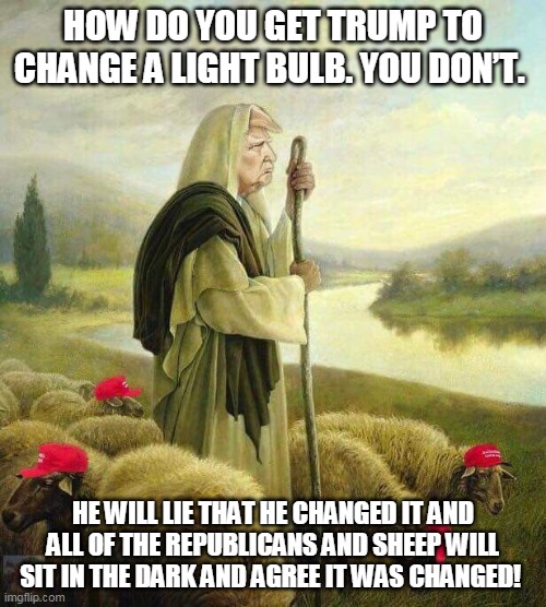 Trump's Sheep | HOW DO YOU GET TRUMP TO CHANGE A LIGHT BULB. YOU DON’T. HE WILL LIE THAT HE CHANGED IT AND ALL OF THE REPUBLICANS AND SHEEP WILL SIT IN THE DARK AND AGREE IT WAS CHANGED! | image tagged in trump's sheep | made w/ Imgflip meme maker
