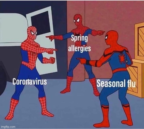 Who dunnit? | image tagged in coronavirus,covid-19,flu,allergies,repost,spiderman pointing at spiderman | made w/ Imgflip meme maker