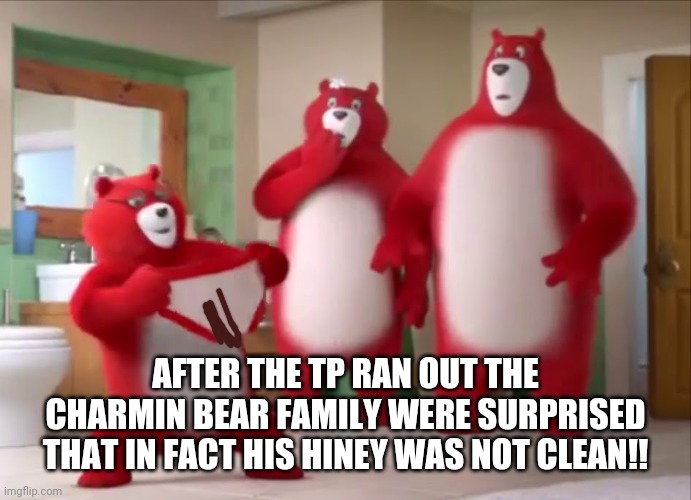 Charmin bear toilet paper | AFTER THE TP RAN OUT THE CHARMIN BEAR FAMILY WERE SURPRISED THAT IN FACT HIS HINEY WAS NOT CLEAN!! | image tagged in toilet paper,funny,bear | made w/ Imgflip meme maker