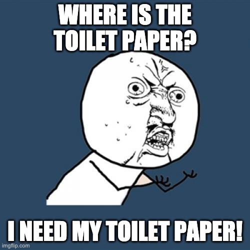 toilet paperrrrrr | WHERE IS THE TOILET PAPER? I NEED MY TOILET PAPER! | image tagged in memes,y u no | made w/ Imgflip meme maker