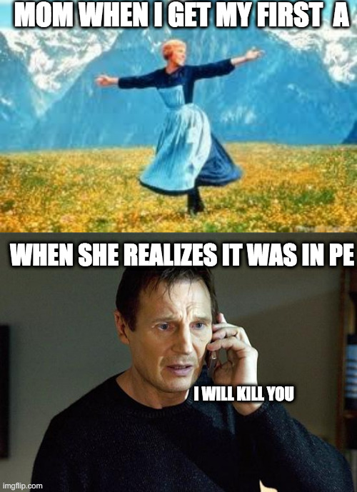 The Mom pt.9 (don't forget about 1-8) | MOM WHEN I GET MY FIRST  A; WHEN SHE REALIZES IT WAS IN PE; I WILL KILL YOU | image tagged in memes,look at all these,liam neeson taken 2 | made w/ Imgflip meme maker