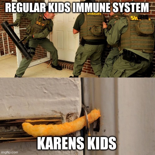 Breaking down door | REGULAR KIDS IMMUNE SYSTEM; KARENS KIDS | image tagged in breaking down door | made w/ Imgflip meme maker