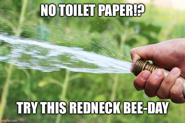 Garden Hose Bidet toilet paper | NO TOILET PAPER!? TRY THIS REDNECK BEE-DAY | image tagged in garden hose bidet toilet paper | made w/ Imgflip meme maker
