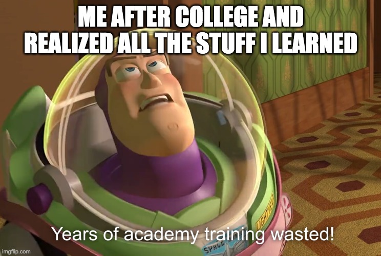 years of academy training wasted | ME AFTER COLLEGE AND REALIZED ALL THE STUFF I LEARNED | image tagged in years of academy training wasted | made w/ Imgflip meme maker