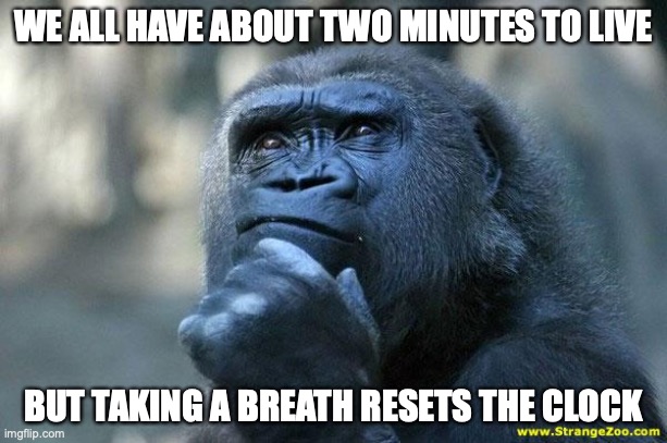 Deep Thoughts | WE ALL HAVE ABOUT TWO MINUTES TO LIVE; BUT TAKING A BREATH RESETS THE CLOCK | image tagged in deep thoughts | made w/ Imgflip meme maker