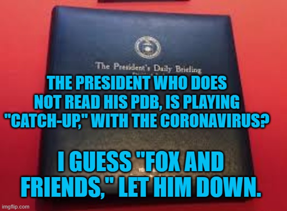 Daily Non-Briefing | THE PRESIDENT WHO DOES NOT READ HIS PDB, IS PLAYING "CATCH-UP," WITH THE CORONAVIRUS? I GUESS "FOX AND FRIENDS," LET HIM DOWN. | image tagged in politics | made w/ Imgflip meme maker