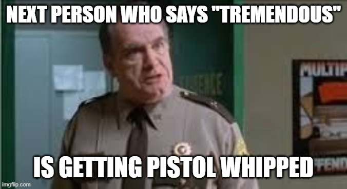 Supertroopers pistol whip | NEXT PERSON WHO SAYS "TREMENDOUS"; IS GETTING PISTOL WHIPPED | image tagged in supertroopers pistol whip | made w/ Imgflip meme maker