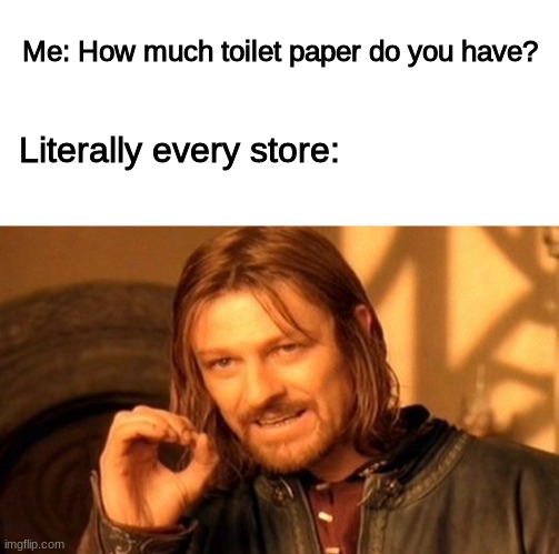 Me: How much toilet paper do you have? Literally every store: | image tagged in memes,one does not simply,blank white template,coronavirus,toilet paper,funny | made w/ Imgflip meme maker