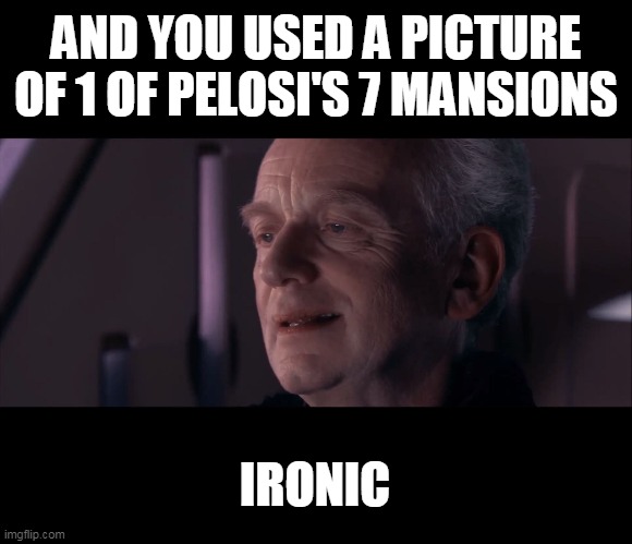 Palpatine Ironic  | AND YOU USED A PICTURE OF 1 OF PELOSI'S 7 MANSIONS IRONIC | image tagged in palpatine ironic | made w/ Imgflip meme maker