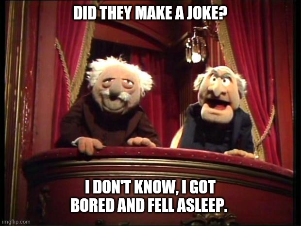 Statler and Waldorf | DID THEY MAKE A JOKE? I DON'T KNOW, I GOT BORED AND FELL ASLEEP. | image tagged in statler and waldorf | made w/ Imgflip meme maker