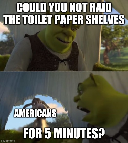 Could you not ___ for 5 MINUTES | COULD YOU NOT RAID THE TOILET PAPER SHELVES; FOR 5 MINUTES? AMERICANS | image tagged in could you not ___ for 5 minutes | made w/ Imgflip meme maker