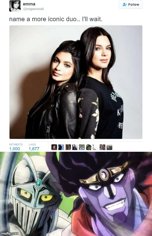 Not Even God Can Save You Now | image tagged in name a more iconic duo,silver chariot and star platinum,memes,jojo's bizarre adventure,jotaro kujo,jean pierre polnareff | made w/ Imgflip meme maker