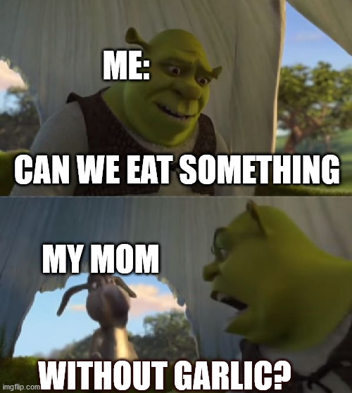 Could you not ___ for 5 MINUTES | ME:; CAN WE EAT SOMETHING; MY MOM; WITHOUT GARLIC? | image tagged in could you not ___ for 5 minutes | made w/ Imgflip meme maker