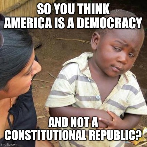 Third World Skeptical Kid Meme | SO YOU THINK AMERICA IS A DEMOCRACY AND NOT A CONSTITUTIONAL REPUBLIC? | image tagged in memes,third world skeptical kid | made w/ Imgflip meme maker