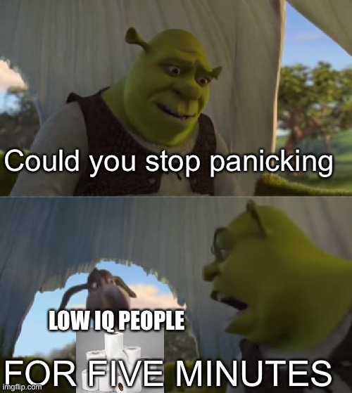 Could you not ___ for 5 MINUTES | Could you stop panicking FOR FIVE MINUTES LOW IQ PEOPLE | image tagged in could you not ___ for 5 minutes | made w/ Imgflip meme maker