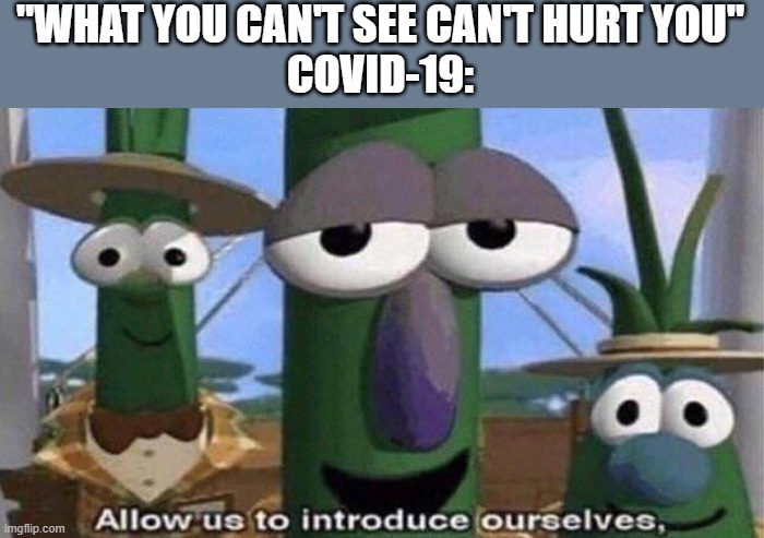 "WHAT YOU CAN'T SEE CAN'T HURT YOU"
COVID-19: | image tagged in coronavirus,darkhumor,covid19 | made w/ Imgflip meme maker