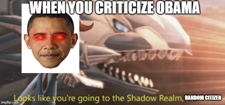 Looks like you didnt vote for me random citizen | WHEN YOU CRITICIZE OBAMA; RANDOM CITIZEN | image tagged in looks like youre going to the shadow realm jimbo | made w/ Imgflip meme maker