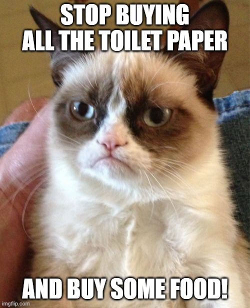 Grumpy Cat Meme | STOP BUYING ALL THE TOILET PAPER; AND BUY SOME FOOD! | image tagged in memes,grumpy cat,coronavirus,idiots | made w/ Imgflip meme maker
