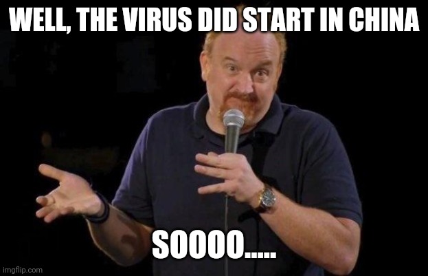 Louis ck but maybe | WELL, THE VIRUS DID START IN CHINA SOOOO..... | image tagged in louis ck but maybe | made w/ Imgflip meme maker