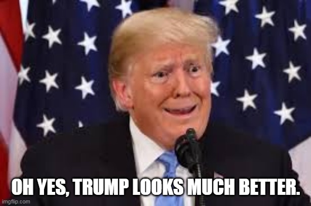 Trump dilated and taken aback | OH YES, TRUMP LOOKS MUCH BETTER. | image tagged in trump dilated and taken aback | made w/ Imgflip meme maker