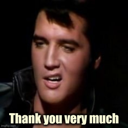 Elvis, thank you | Thank you very much | image tagged in elvis thank you | made w/ Imgflip meme maker