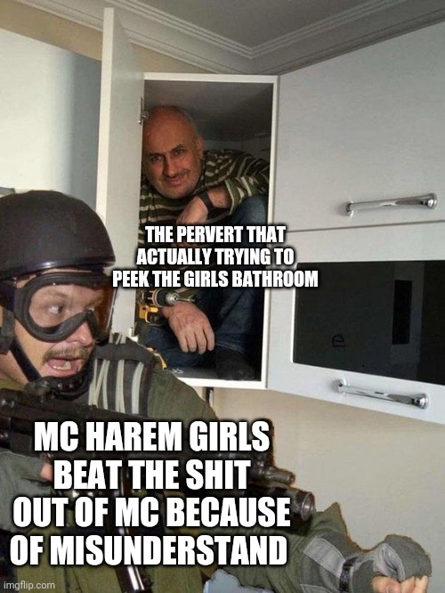 Man hiding in cubboard from SWAT template | THE PERVERT THAT ACTUALLY TRYING TO PEEK THE GIRLS BATHROOM; MC HAREM GIRLS BEAT THE SHIT OUT OF MC BECAUSE OF MISUNDERSTAND | image tagged in man hiding in cubboard from swat template | made w/ Imgflip meme maker