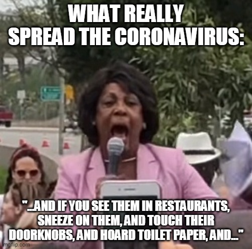Maxine Waters | WHAT REALLY SPREAD THE CORONAVIRUS:; "...AND IF YOU SEE THEM IN RESTAURANTS, SNEEZE ON THEM, AND TOUCH THEIR DOORKNOBS, AND HOARD TOILET PAPER, AND..." | image tagged in maxine waters | made w/ Imgflip meme maker