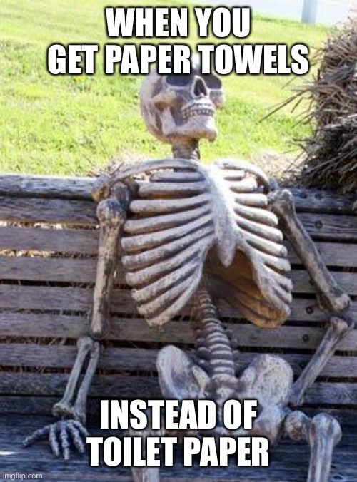 Waiting Skeleton | WHEN YOU GET PAPER TOWELS; INSTEAD OF TOILET PAPER | image tagged in memes,waiting skeleton | made w/ Imgflip meme maker