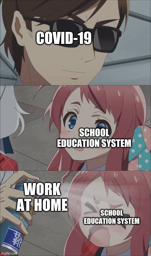 Anime spray | COVID-19; SCHOOL EDUCATION SYSTEM; WORK
AT HOME; SCHOOL EDUCATION SYSTEM | image tagged in anime spray | made w/ Imgflip meme maker
