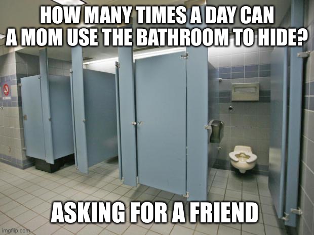 Bathroom stall | HOW MANY TIMES A DAY CAN A MOM USE THE BATHROOM TO HIDE? ASKING FOR A FRIEND | image tagged in bathroom stall | made w/ Imgflip meme maker