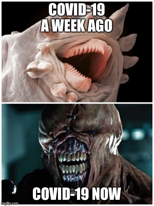 COVID-19 A WEEK AGO; COVID-19 NOW | image tagged in covid-19,resident evil,coronavirus,virus,covid19,pandemic | made w/ Imgflip meme maker