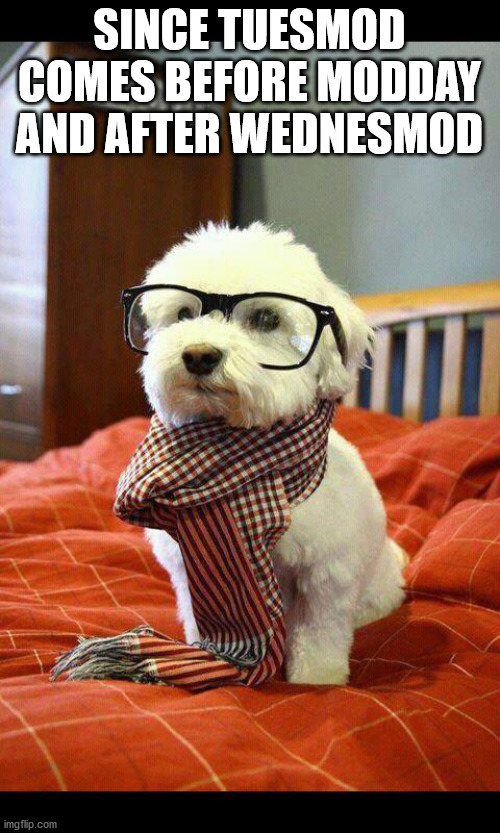 Intelligent Dog Meme | SINCE TUESMOD COMES BEFORE MODDAY AND AFTER WEDNESMOD | image tagged in memes,intelligent dog | made w/ Imgflip meme maker
