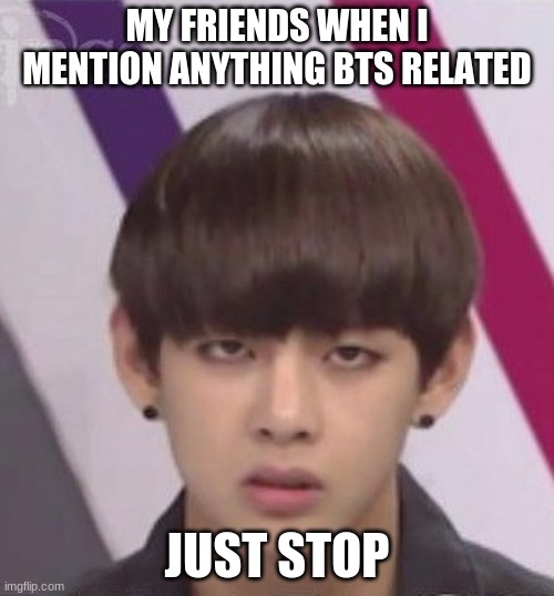 BTS V | MY FRIENDS WHEN I MENTION ANYTHING BTS RELATED; JUST STOP | image tagged in bts v | made w/ Imgflip meme maker