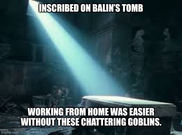 my friend said this about his kids | INSCRIBED ON BALIN’S TOMB; WORKING FROM HOME WAS EASIER WITHOUT THESE CHATTERING GOBLINS. | image tagged in lord of the rings,quarantine,coronavirus,work from home | made w/ Imgflip meme maker